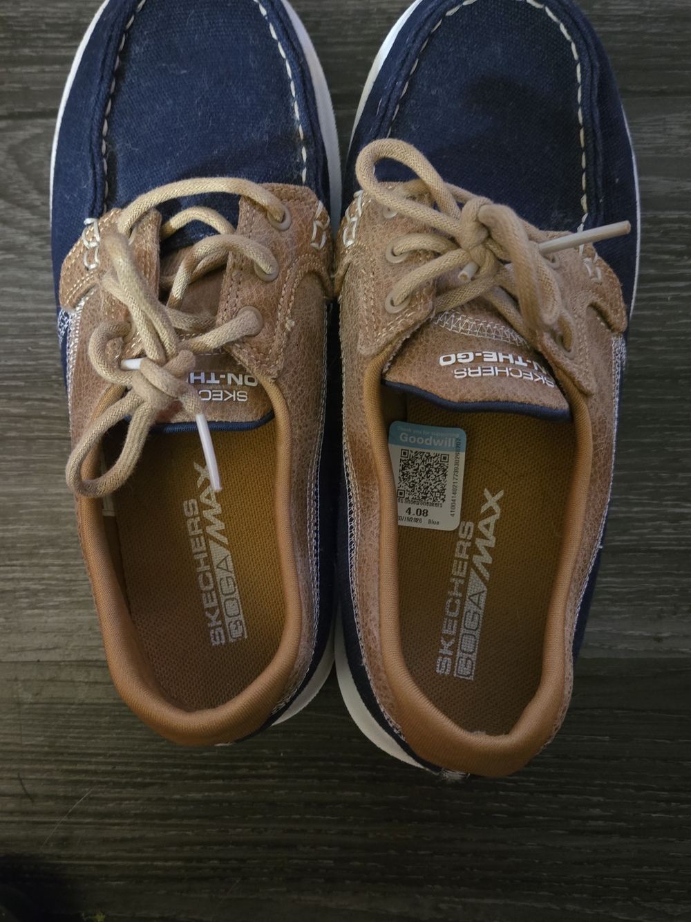 Skechers Yoga Max Navy and Tan Boat Shoes